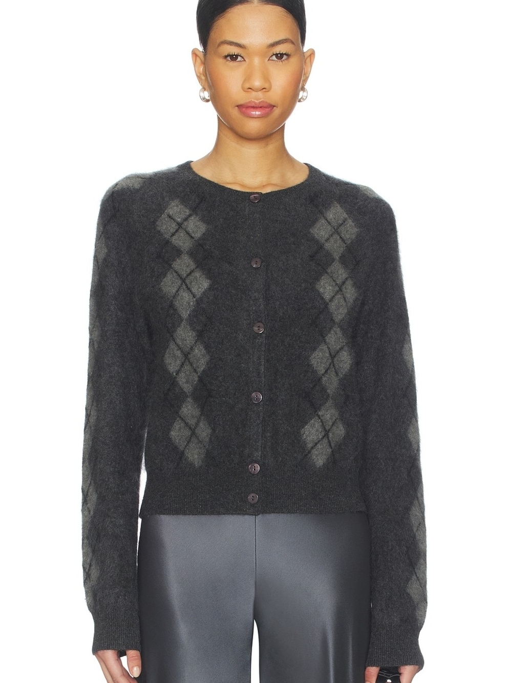 NWT CAMI NYC Charcoal Argyle Button-Front Women's Sweater Cashmere Cardigan - Picture 4 of 10